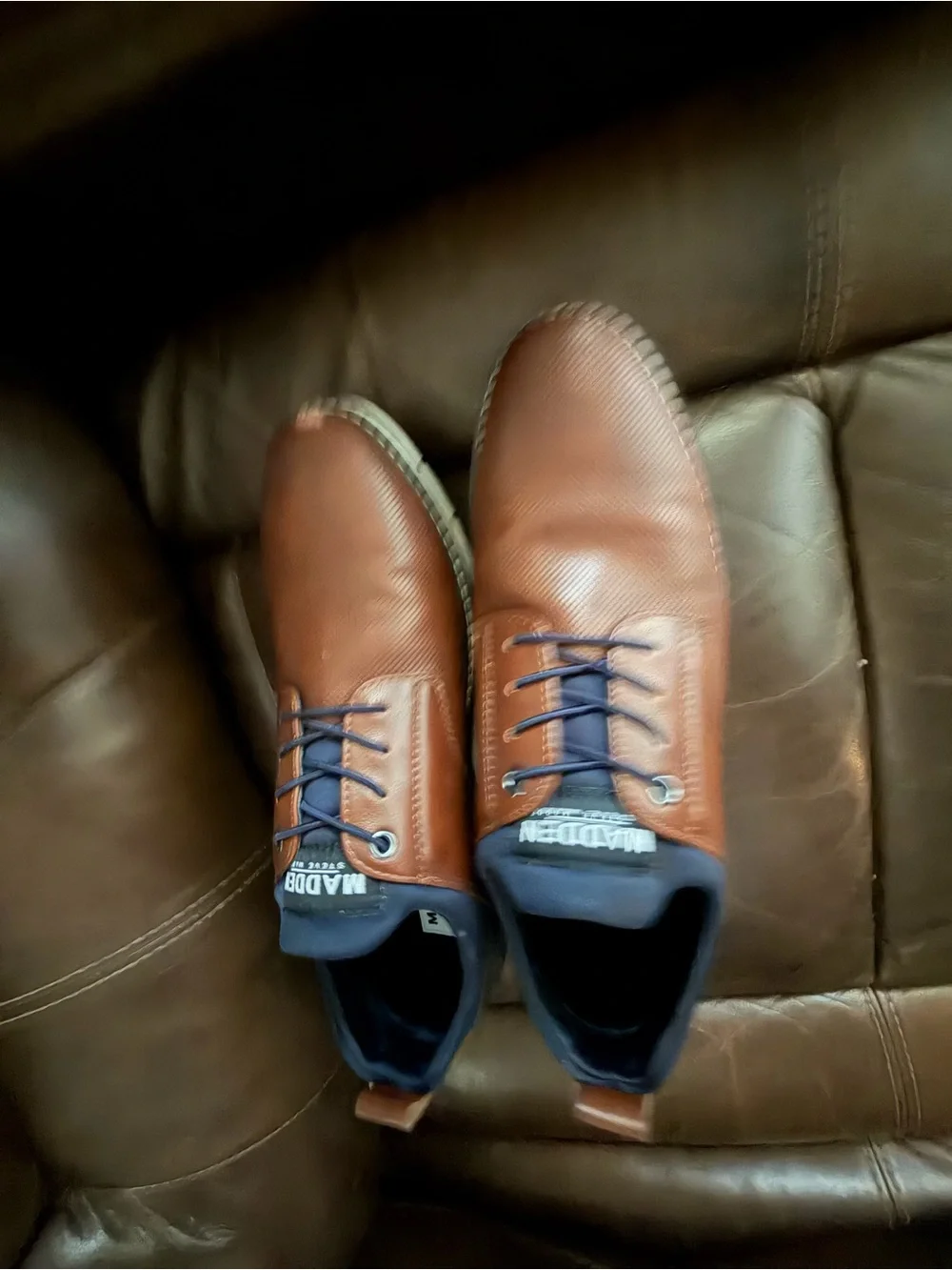 Steve Madden Brown and Navy Casual Lace-Up Loafers scuff mark on toe .